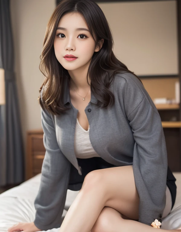 Submissive woman sitting on chair in white open shirt, Wearing pantyhose、Wearing a strict business suit, crossed legs, Bottom Angle, in a business suit, Office Clothes, Wearing a business suit, elegant legs, Wearing a business suit, in a strict suit, Japanese Models, raw,(8K、top-quality、masterpiece:1.2)、(intricate detailes:1.4)、(Photorealsitic:1.4)、octane renderings、Complex 3D rendering ultra detail, Studio Soft Light, Rim Lights, vibrant detail, super detailing, realistic skin textures, Detail Face, Beautiful detail eyes, Very detailed CG Unity 16k wallpaper, make - up, (detailedbackground:1.2),shinny skin、Exposed thighs!!!