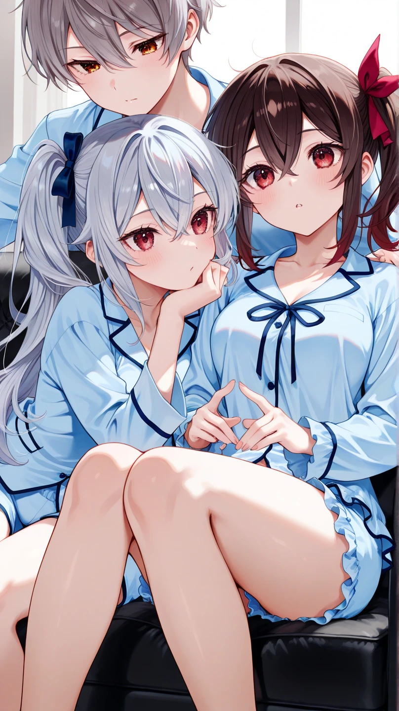 (masterpeace, high quality), 2girls, 1girl (hakurei reimu), hakurei reimu(gray eyes), school locker room, ((white panties)), school shirt, open shirt, red tie, (changing clothes:1.3), (take off panties), bottom, low angle, bright, white, soft light