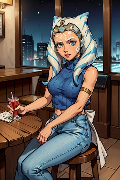 A (close up) portrait of (Ahsoka), (Ahsoka Tano), (two head tails), (highly detailed background, a fancy restaurant, on a date:1.2), deep cleavage, busty, sexy, realistic anatomy, well drawn, 8k, (best quality), (masterpiece:1.2), highly detailed face, full lips, flirty eye contact, detailed eyes, sensual, (seductive), (ultra realistic:1.2), babe, perfection, happy, excited expression, wearing a red dress