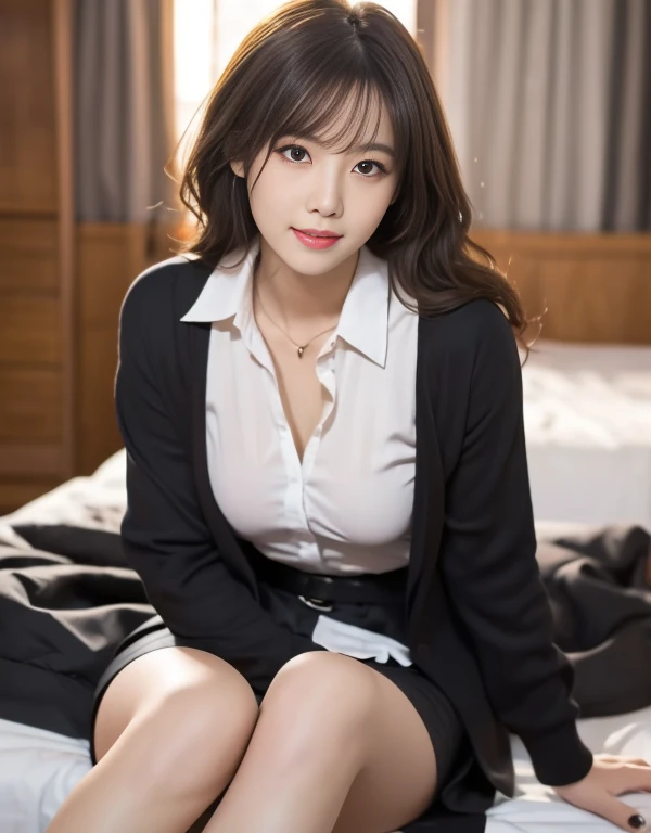 the most beautiful actress in the world, a 16 year old face of this girl, the perfect body proportions of this girl, the blazer is firmly worn on the formal shirt which is covering her whole upper body, the panties between her opened legs under the short skirt are exposed, she is sitting on a sofa with spread her legs, in the living room, nsfw, best quality, highly detailed, masterpiece, ultra high res, photo realistic, 8k