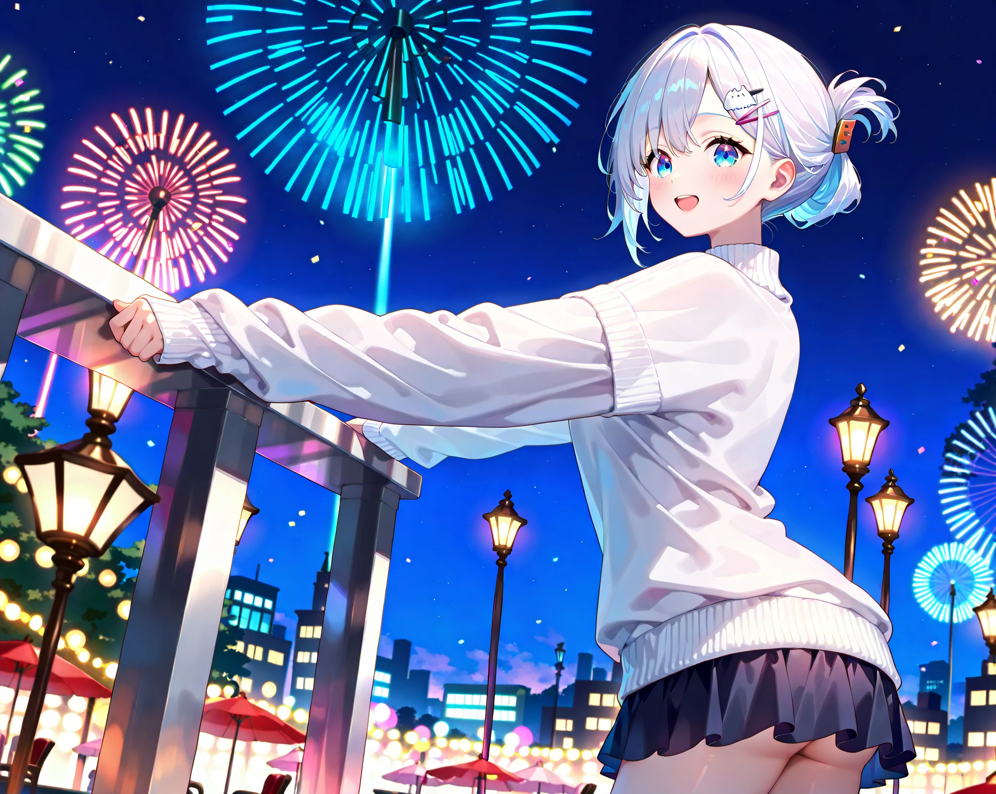 (masterpiece), One person, alone, shirt, collared shirt, Hair Bun, shoes下, Short Hair, Red Eyes, Sitting, hair ornaments, blush, Lips parted, bangs, View your viewers, white shirt, Gray Hair, whole body, skirt, Hair Clip, shoes, grey skirt,night,Summer festival,firework