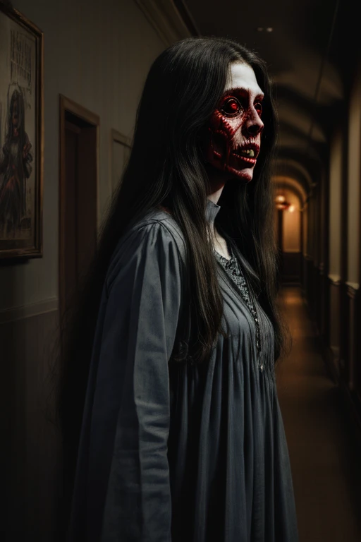 absurdres, 1girl, red eyes, long hair, wide-eyed, eyelashes, looking at viewer, upper body, concept art, , ghost, hallway, horror theme, posing, crowd