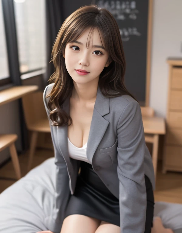 (detailed skin:1.2),(shiny skin:1.1),8k,best quality, masterpiece, ultra high res,(photorealistic:1.4), RAW photo,(soft saturation:1.3),(fair skin:1.2),1woman,gyaru,makeup,(lipstick:1.1),(eyeliner:1.2),
Brown eyes, Looking at Viewer, (office lady suit), sit on the bed, Brown hair, medium hair, messy hair, asymmetrical bangs, Black jacket, blush, collared white shirt,Long sleeves, ,half undress, Suit, Large breasts, Formal, Smile, Sharp Focus,moody lighting, blue hour, Japanese idol, 25 years old, tall, Glamour,