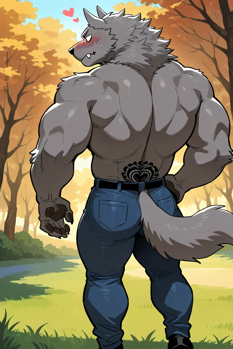 furlong, muscular male, bara, orange eyes, wolf tail, black fur, (pose:1.3), (posing:1.3), (soft shading), 4k, hi res, five fingers, detailed hands, ((detailed face, (detailed eyes:1.0), detailed)), (full body), by zackarry911, by zaush, (by personalami:0.5), solo, looking at viewer, blush, 1boy, ass, male focus, thighs, looking back, from behind, feet out of frame, bottomless, thick thighs, tank top, ass focus, white tank top, flaming eye, flexing, red fire hair,POV