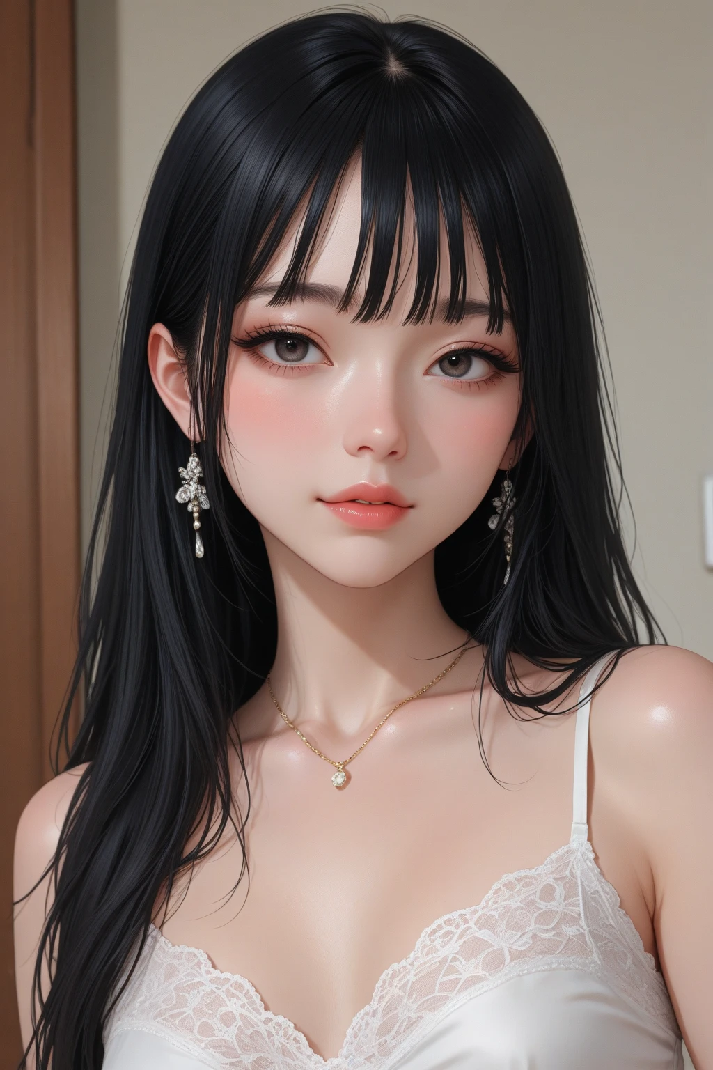 Amazing portrait of a sexy woman with a beautiful face with seductive eyes gazing intensely at me with her soft lips parted in anticipation of a kiss which is making her blush intensely her lips are also curved in a soft smile she has her luscious black hair in a cute bun wearing a black and white striped t shirt and a dark green skirt paired with some elegant earrings her t shirt showing her medium chest and perfect body off
