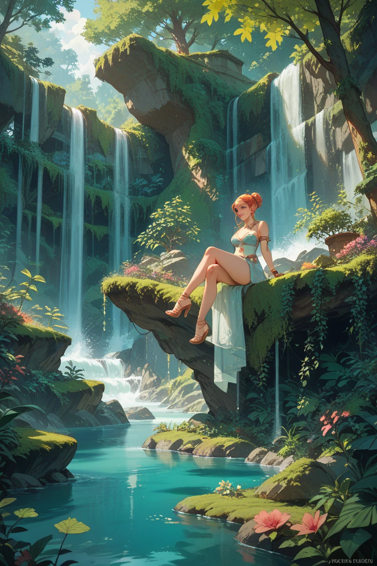 a beautiful woman with braided red hair, sitting on a terrace overlooking a lush jungle landscape with a large waterfall and lake, wearing only panties, (art inspired by Bill Sienkiewicz), oil painting, intricate details, highly realistic, photorealistic, dramatic lighting, vivid colors, dramatic shadows, cinematic composition, masterpiece, best quality, 8k, ultra-detailed, hyper-realistic