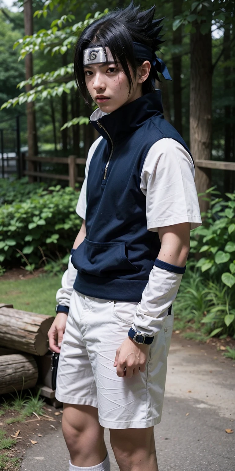 young boy, 12 years old, black hair, dark blue high-neck loose clothing, white shorts; like sasuke from naruto https://animecomics.com.br/animecomics/images/upload/409.jpg