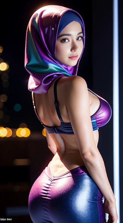 A malaysian scifi princess,age 40, hijab, lovely face, naked body, athletic build, huge (fff) breasts, wide hips, seducing the viewer,scifi neon lit nightclub,stage acting seductive,crowd cheering aliens,(best quality,4k,8k,highres,masterpiece:1.2),ultra-detailed,(realistic,photorealistic,photo-realistic:1.37),HDR,UHD,studio lighting,extremely detailed eyes,beautiful detailed lips,vivid colors,portraits,sharp focus,physically-based rendering,professional,bokeh,electric blue lighting,extraterrestrial creatures,nightclub environment,alluring stage costume,dazzling holographic effects.