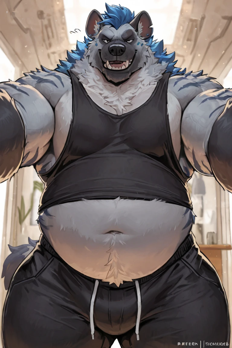 A fursuit muscular wolf gymer wearing sexy thong with gray fur posing in front of the camera.