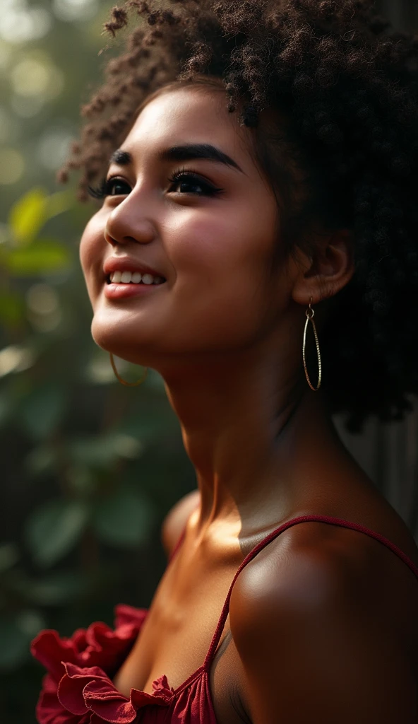 In the valley, one girl stand of kneess on the ground, brown skin, curly hair,short,black. Beauty face,smile, view desire, make shorts, open shirt. Soft light, detail skin, detail face, detail fingger, detail body.