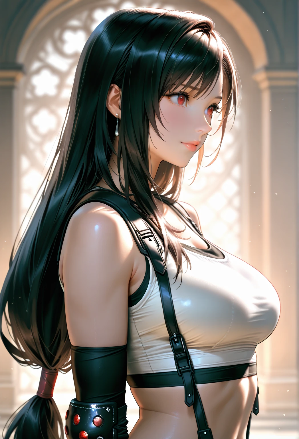realistic, 1girl, black hair, red eyes, bright eyes, cropped top, skirt, lips parted, blush, night, flowers, sun, sunlight, large breasts, hashira, samurai