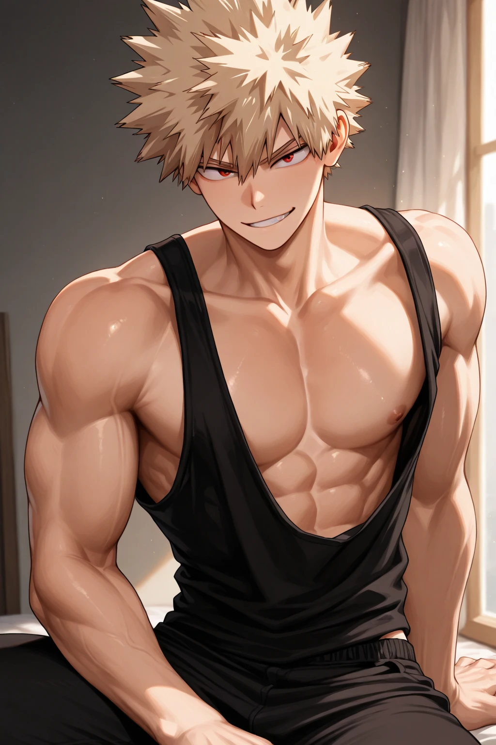 masterpiece, best quality red eyes, game cg, 1boy, solo, male focus, looking at viewer, upper body, bakugo katsuki, blonde hair,  red eyes, shirtless, toned muscle, pectorals, 8 abs, toned legs, boxer briefs, slightly bulged, living room, smiling holding (multiple balloons:1.2) (rose petals:1.5) rose petals flying everywhere