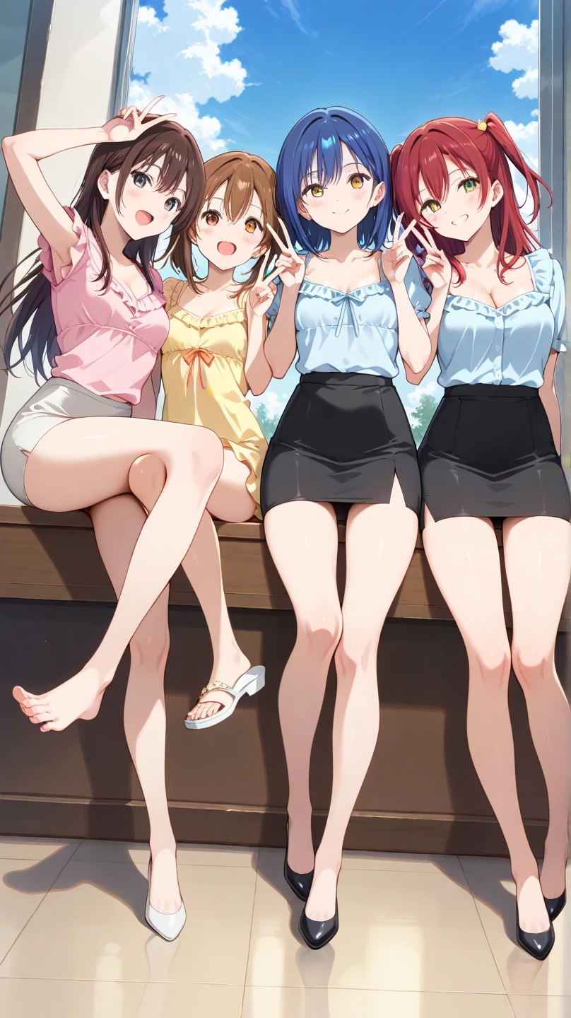 masterpiece, highest quality, Three Girls, Multiple Girls,. close your eyes, Sitting on the bus,Denim mini skirt、 bra、Nipples、blush、Under the skirt, (Lace panties:1.2), Front view, Low Angle, Best Shadow, Volumetric lighting, watercolor、Mature Woman.wife