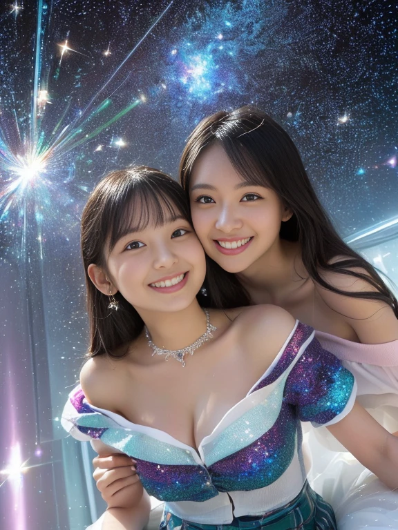 (Two beautiful teenage italian girls:1.6), Close friends, (They are hugging each other:1.2), Kiss her cheek or chest,(Detailed iridescent bodysuit with beautiful fractal or marble design:1.5)Incredible and spectacular scenes, ((High quality)), ((Detailed)), ((Fantasy)), Blue Plasma Brain, Green Plasma Body, Vulgarity, beutiful breast,  obscenity, (Lewd smile:1.2), coarse, Obscene, mean, (raunchy:1.2), (Immoral:1.2), Lachish, (small breasts with beautiful raised pink areolas,,,:1.5), (Cameltoe), (Expression of ecstasy:1.2), Photorealistic, Official art, Unity 8K Wall , 8K Portrait, Best Quality, Very high resolution, (Incredibly beautiful nature background:1.6), (18 years old:1.5), (Sexy and glamorous:1.1), (A coquettish expression:1.6), (seductively smiling:1.6), (Full body), (erotic posing:1.5), Beautiful seductive face, Portrait, (Thick eyebrows:1.5), (Big purple eyes:1.2), Beautiful eyes with fine symmetry, (Ultra detailed eyes:1.4), (High resolution eyes:1.1), Intimate face, (ultra detailed skin texture:1.4), White skin, pale skin, Perfect Anatomy, Thin, (Beautiful toned body:1.1), Hair Bow, (Moist skin:1.1), full of sweat, No makeup, dark circles, Good anatomy, Focus Face, good-looking, (Emilia Clark:0.6) (Emma watson:0.3),(Jennifer Connelly:0.4), ( Face:1.5), Elegant face, Nice, Dolce,  (Around her neck is an elaborately crafted necklace.), (Bioluminescence with brilliant brilliance:1.3), (Luminous magic circle), Ruins of an ancient castle, Shining majestic cloud masses and sky, lightning bolt, Epic Realistic, (Greg Rutkowski:0.8), (teal and orange:0.4), (Art Station:1.5), Cinematic, (nffsw:1.5),  Hyper Detailed, Dramatic light, (Intricate details:1.1), with  the