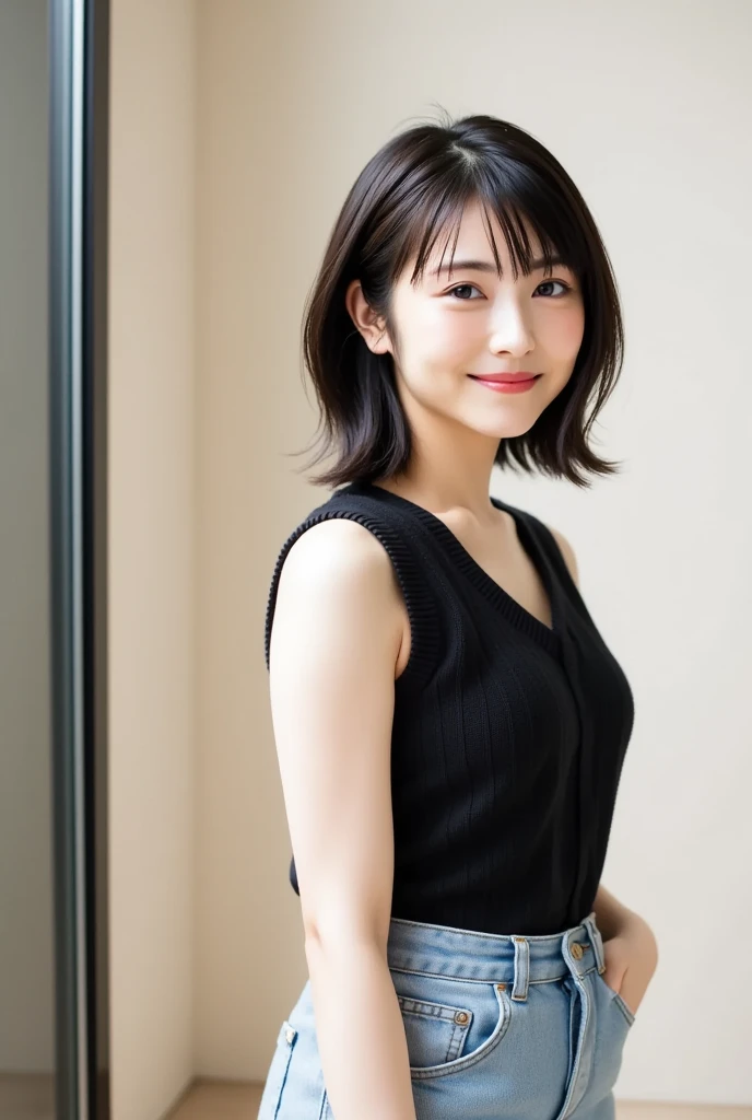A skinny Japanese woman, {30|40} years old, 1girl, cute face, slight smile, ((detailed face, detailed eyes)), black {short|long} hair, medium breasts, very thin waist, correct human body structure, See-through lace mini dress, standing in a hotel lobby, (full body photo),