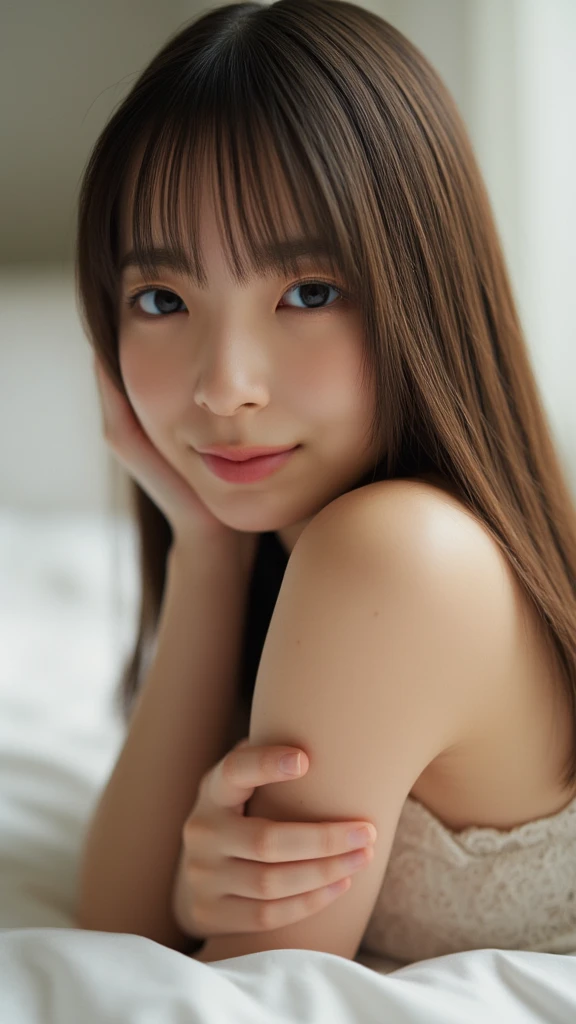 rie,One Woman,(best quality), (ultra detailed), (absolutely resolution), (the body is moist:1.2),Face is front, 28 years old, Put your hands on your face, (Completely naked:2.0), Brown Hair, Large windows let in natural light、White minimalist bedroom