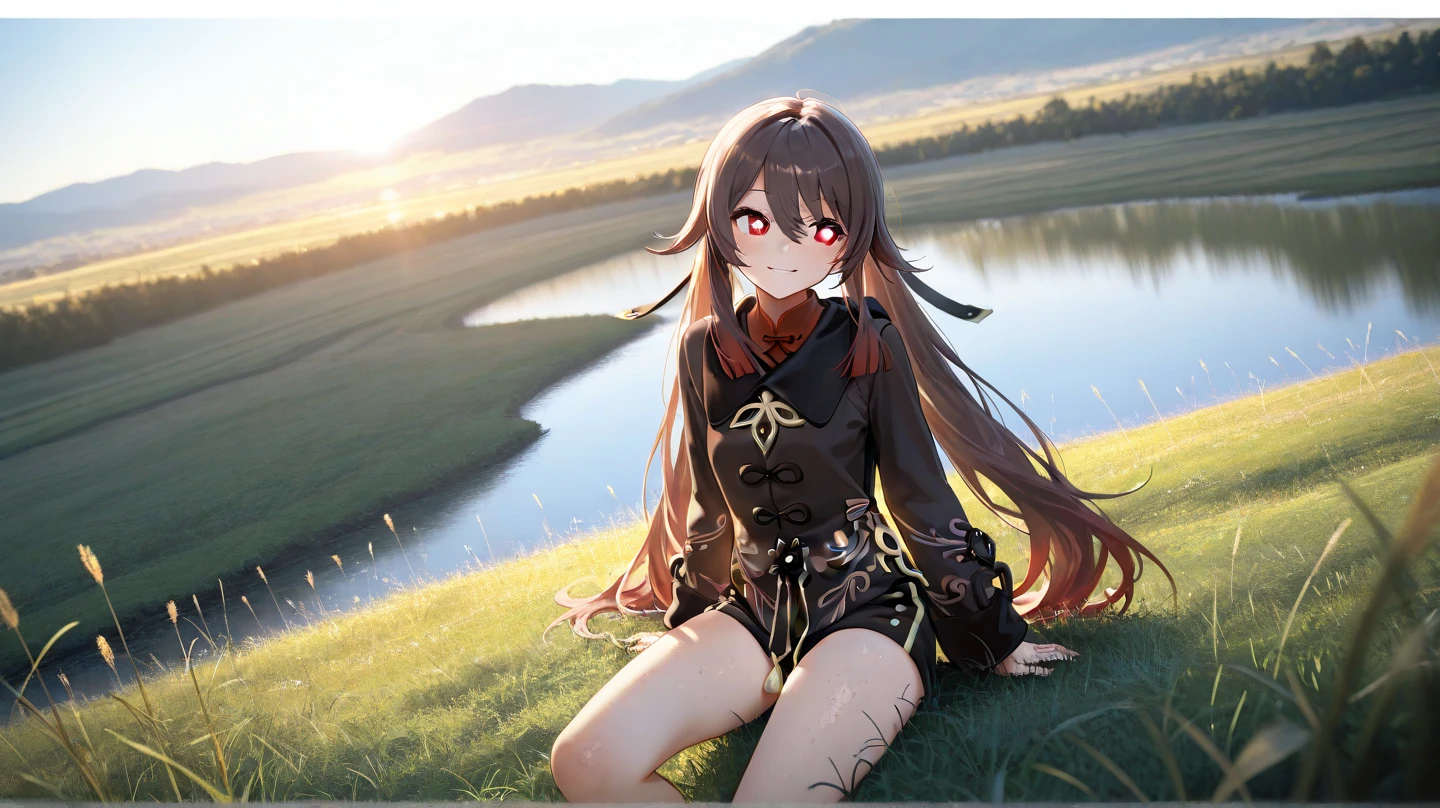 (highest quality), (masterpiece), ((beautiful:0.75) pretty girl:0.75), [Clear and clean] Pixiv (figure), (Hu Tao/(Genshin Impact/)), Red eyes, Flower-like pupils, Have, Long brown hair, bangs, Twin tails, Chinese clothing, Black shorts, Wide sleeves, Grin, Light blue dress, View, Smile at me, kind, sympathy, beautiful, He loves me wholeheartedly