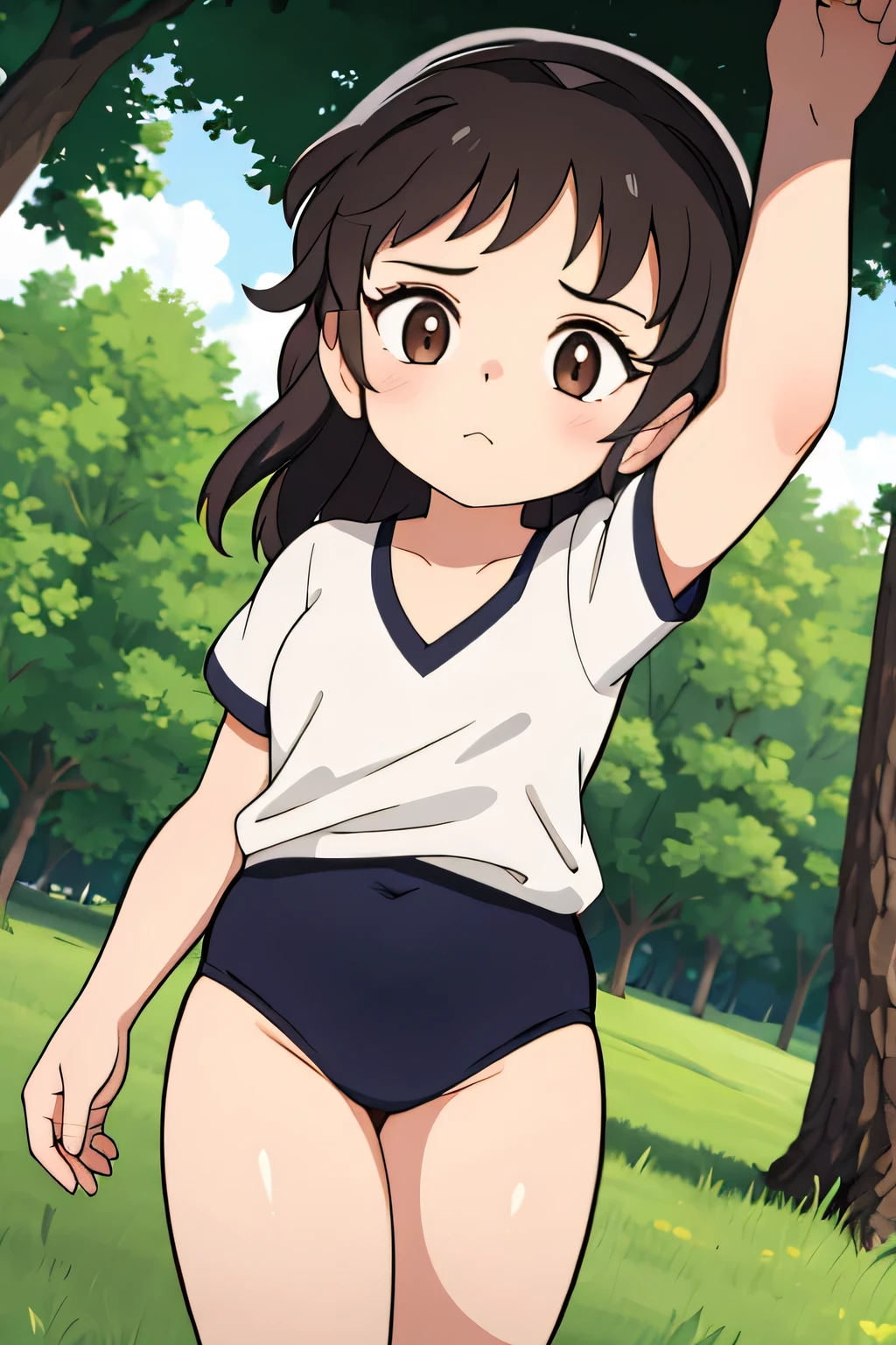 (masterpiece, highest quality), 1 girl, beautiful face, beautiful body, wearing a Black gymnastics bloomers, High leg、white blouse, cowboy shot、Are standing、full body portrait、alone, complex details, enlarged textures, complex details, finely detailed eyes and detailed face, intricate details, (closed mouth), perfect eyes, equal eyes, perfect body, extremely detailed, (), extremely realistic 3d,In a dark forest、cap,long violate hair,Grass