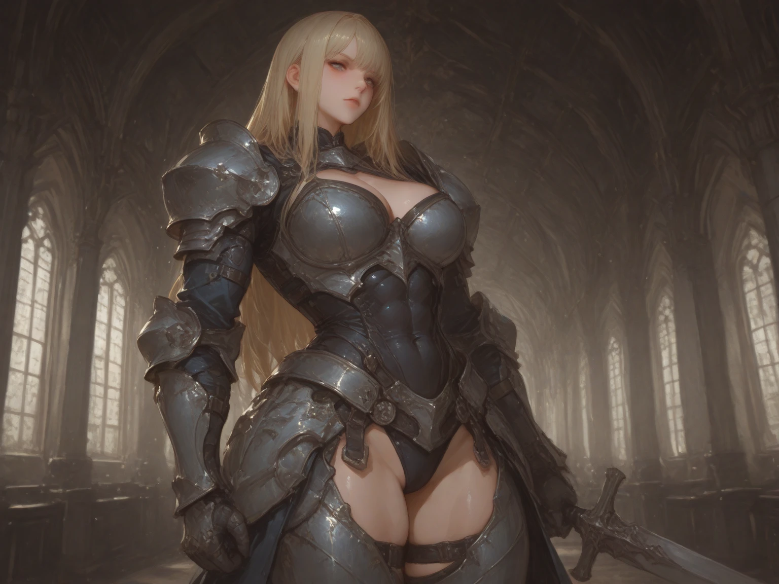 Woman knight、a beauty girl、huge tit、Excellent style、Nice Buddy、glamorous、leotard、s Armor、Shoulder rest armor、Bra chest armor、knee boots、gauntlets、hair adornments、silber hair、Longhaire、Ahoge、is standing、full body seen 、Medieval city、Walking、slightly open mouth、a smile、