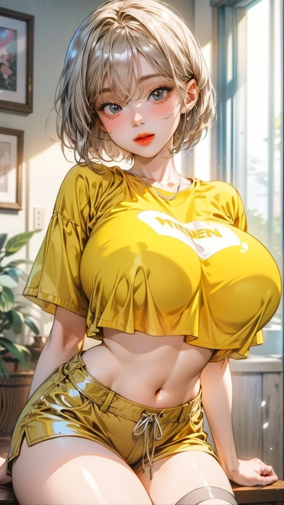 ram invader, white panties、detailed breasts, anime dick, (Tiger print miniskirt cheerleader: 1.2), （脚上げでwhite panties見えてる:1.4）,muste piece, white panties、best quality, open mouth, tooth, ultra-detailed breasts, Yellow eyes,White shorts、 cute eyes, detailed face, a cute girl, big chest, red face, (wet with water: 1.2), Generally poor breasts, areola slip, (Position where panties are visible:1.5), (beautiful breasts: 1.2), (with a bright light source: 1.2), (heart shaped pupils opening their clothes: 1.5)