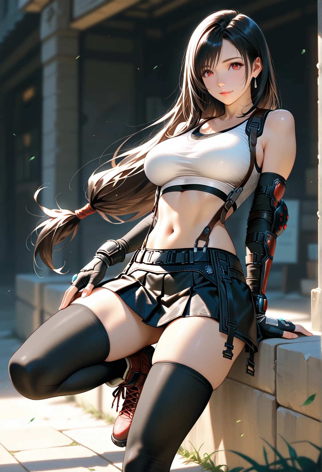 NSFW, white tank top with black trim and black skirt, inside the cave, black long hair, the girl has true red eyes, tifa lockhart, The girl is 16 years old, beautiful skin, realistic anime, anime realism style, Output in 8K, highest quality,Natural light, professional lighting, shiny skin, silky skin, bonfire lighting, Looking over there, show me your white panties, Low - Angle shooting, sexy shot, Pose in a deep dungeon, current battle, hi kick, kick, Low - Angle, dark inside the cave, painful face