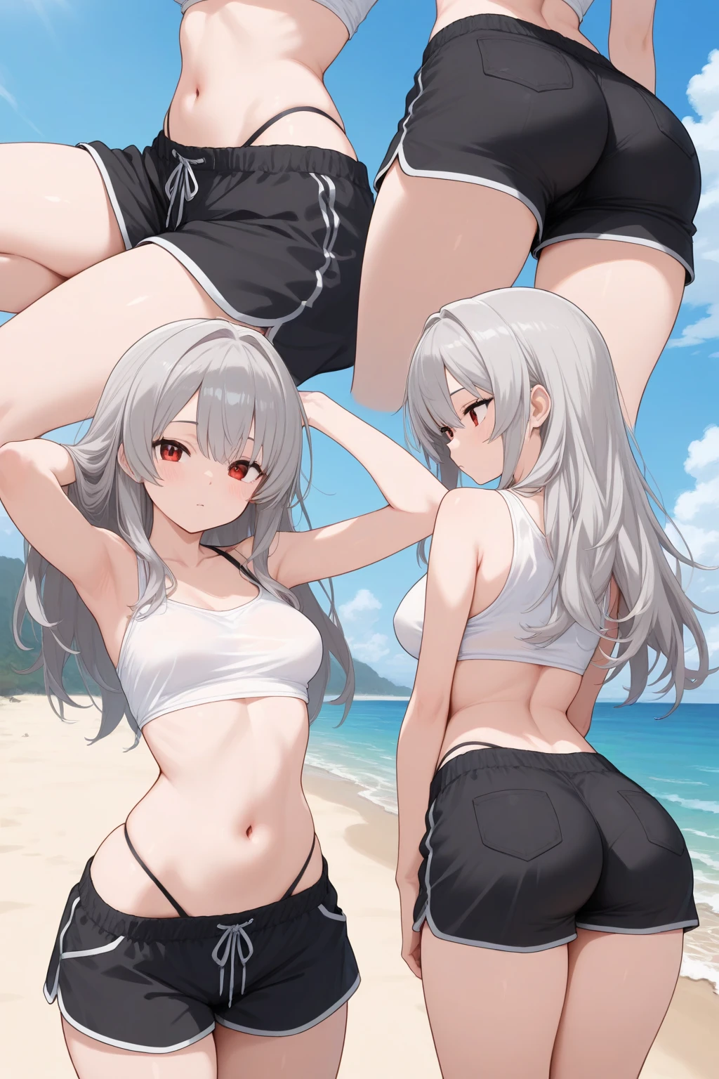 ((highest quality)), ((masterpiece)), (pretty girl), (2 girls:1.3), cute two girls are posing for a camera outdoors in the water, shirtをつかむ, stand side by side, (Close-up shot from the knee:1.3), perfect face, smile, (open your mouth and smile:1.3), embarrassed look, (precise fingers:1.3), hair band, head band, hair bobble, blouse, shirt, I can see your underwear, (pastel colored underwear), high resolution eyes, accurate eye, (high resolution eyes:1.8), (High definition finger 1.8), light smile, small chest, chest, realistic, 4years old, 5 years old, 6 years old, 7 years old, knee socks, short skirt, Asian, blue eyes, silver hair, brown hair, blonde, belly button, jewelry, looking at the viewer, necklace, water, , Wet, long hair, short hair, abs, 