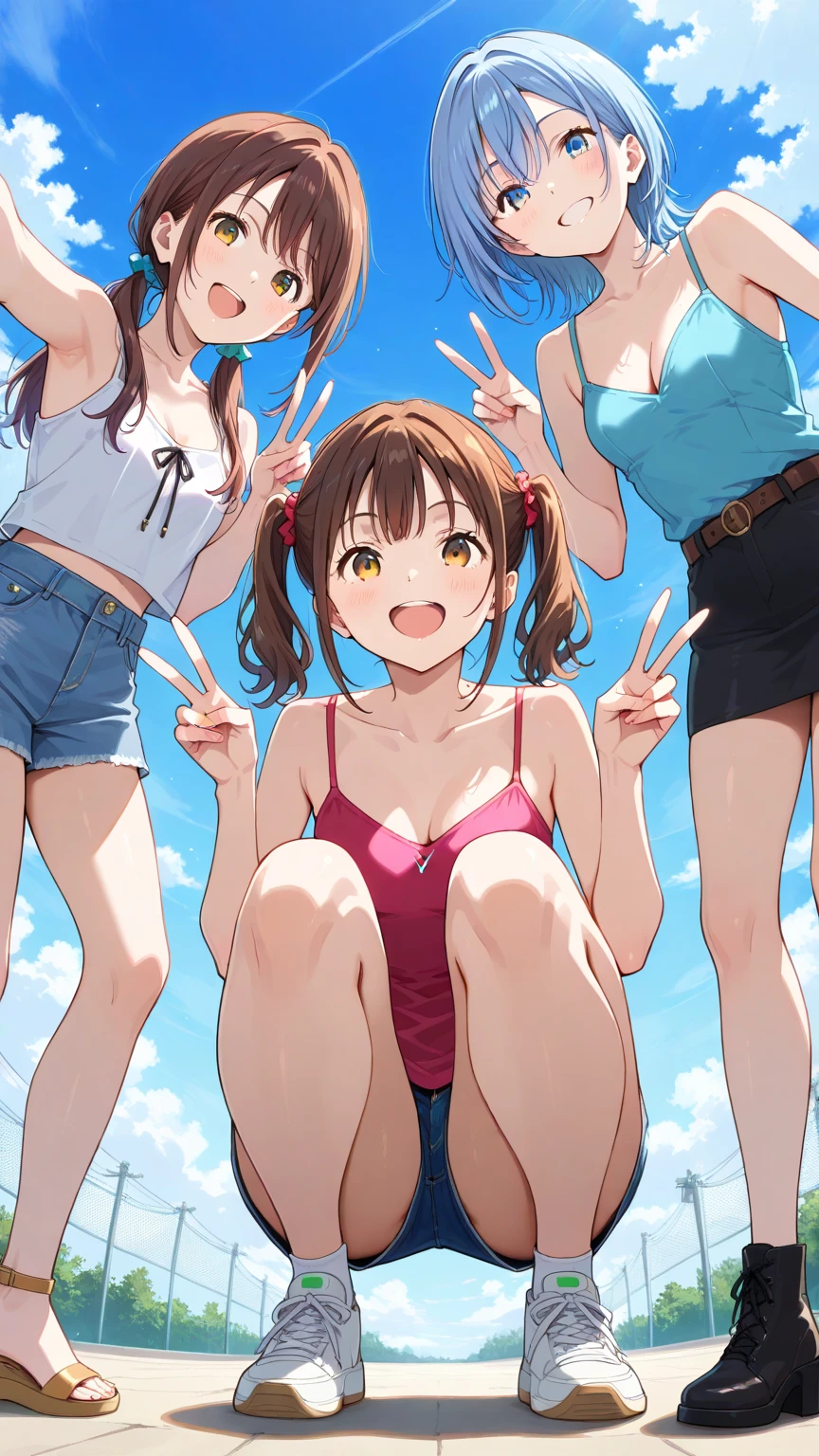masterpiece, best quality, ultra-detailed, illustration, an extremely delicate and beautiful,high resolution, ultra-detailed,,perfect face,slender perfect body, Tight belly,Toned buttocks,Constricted waist,,(3 girls to running:1.7), 15yo,(1girl to pink hair,1girl to white hair,1girl to brown hair), (1girl to very short hair,1girl to braided long hair,1girl to okappa hair),(hachimaki), shy daughter, short stature,(micro bikini:1.3),(huge breasts),(flom track and field), (fashionable track and field athlete), (wet:1.2), track and field,stadium,((very wide shot )),(cameltoe),( sweaty skin:1.2),(topless:2.0)