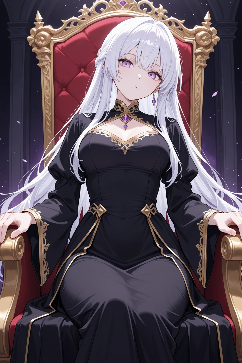 (巨作:1.2), Best quality, (illustration:1.2), (Ultra-detailed), 超详细信息, (细腻细致), (Intricate details), (Cinematic light, 最优质的背光), 清晰的线条, From below, solo female，perfect bodies，(1girll)，Gray hair and yellow eyes，(emperor，Black see-through garment)，(tiara crown：1.1)，sitting on an royal throne，Close your eyes slightly，head lowered，head lowered，(shylily：1.2 ), ((makeup)), High contrast, (Best illumination, an extremely create and beautiful), ((Cinematic light)), Bright colors,Big breasts do not leak perspective，The camera zooms in on the upper body，seductiv