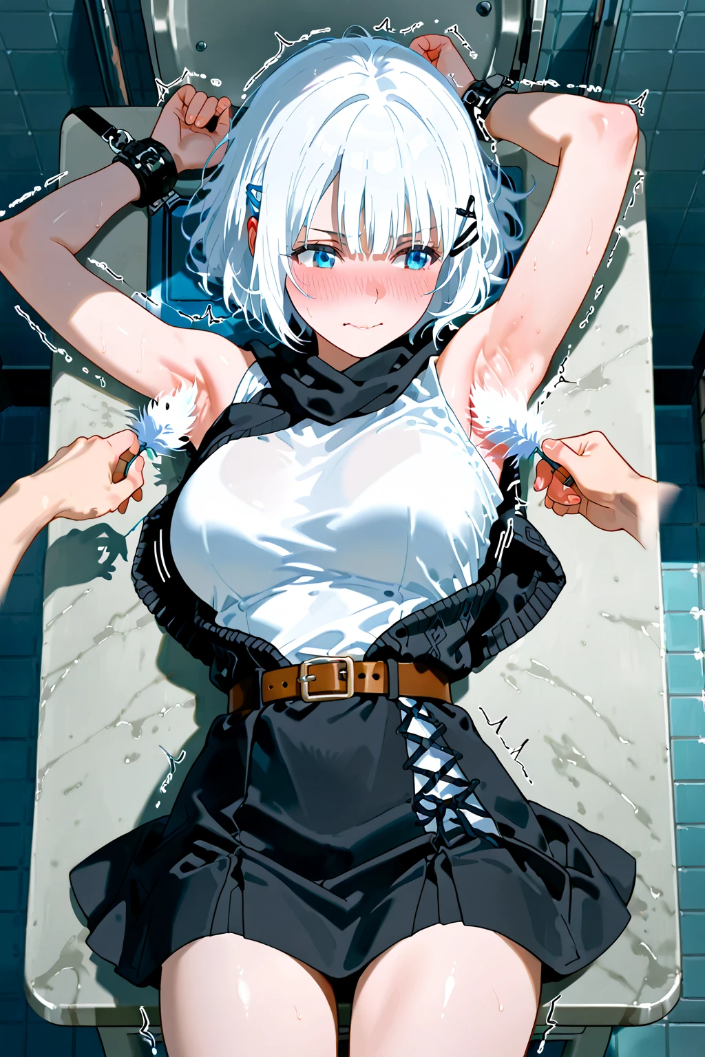 (Realistic:1.6),(High resolution:1.6),(alone, ),(Thin woman:1.2),(Beady Eyes),(Hollow Eyes),(Light blue hair),(Cool Beauty:),(Slender body),(Show off your ribs),(experience an orgasm),(Preteen),(Small breasts)，(Flat Chest),(Ahegao),(Ecstasy),(sexual excitement),(BDSM),(A dirty white dress that shows through her skin),(Harness),(constrained),(Hands tied),(Hanging by chains),(Restraint device),(Tied up with leather belts),(Tied up and unable to move),(masochism),(eroticism),(Both armpits are visible),(Hands behind head),(Sexually assaulted),(Paper Panties),(Paper Bra)，The bottle at your feet contains liquid.，Bathe your face with milk，Bathe your breasts with milk，Bathing your feet in milk，Sweating profusely，