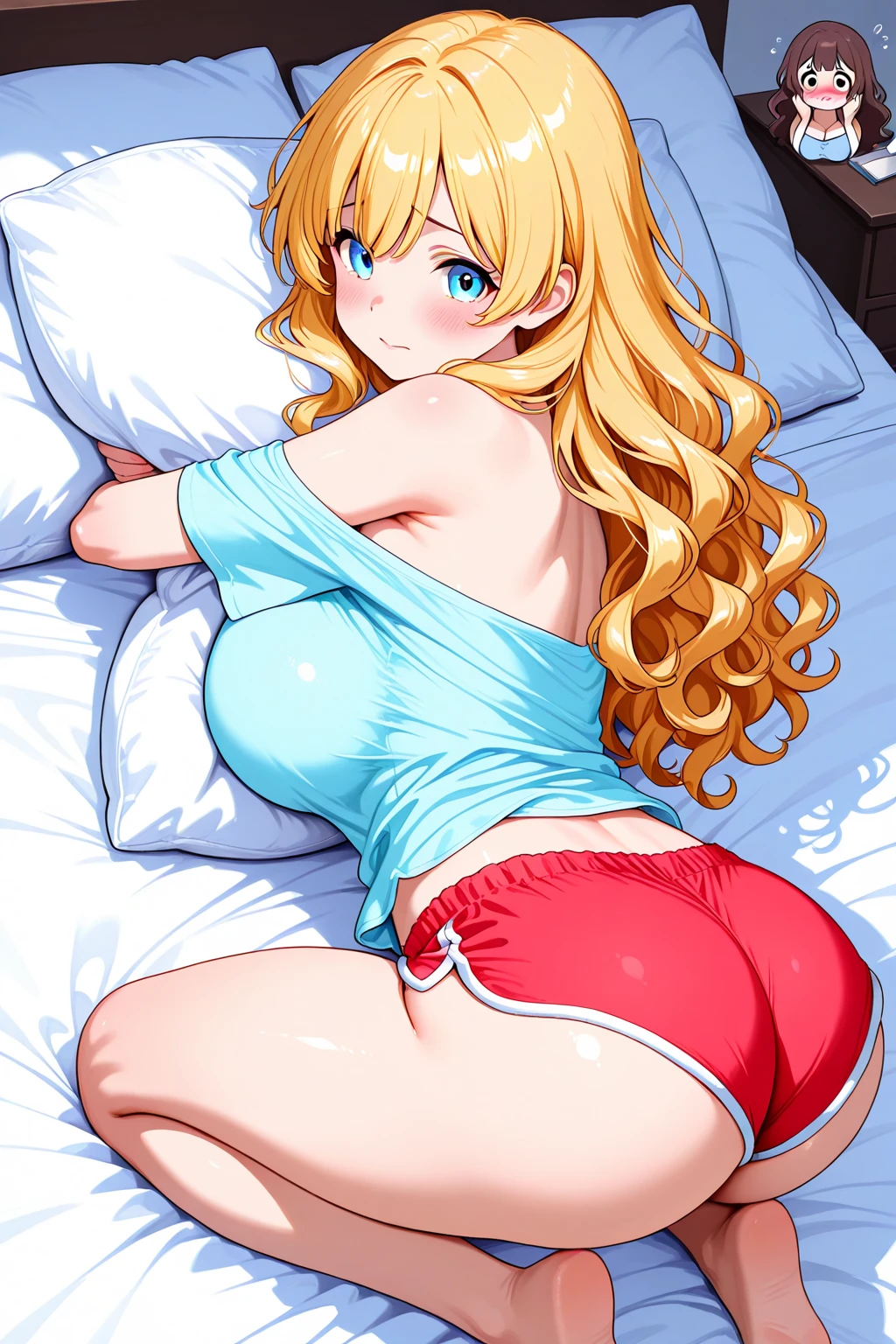 tennis girl's massive rear butt cheeks out of bottomless slutty mini skirt out bare, showing her butt, lying down, on bed, wearing oven mittens under pillow, blindfold