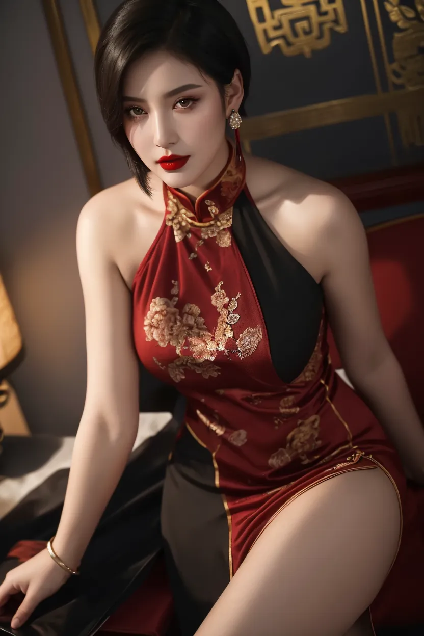 AidAage, Close-up photography, Sexy, Short Hair Hair, brunette hair, Makeup, Red lips, Hong Kong background at night, elegant dress, jewelry, looking at the audience, surreal, {A very delicate beautiful girl.}, wallpaper 4k, {{{masterpiece}}}