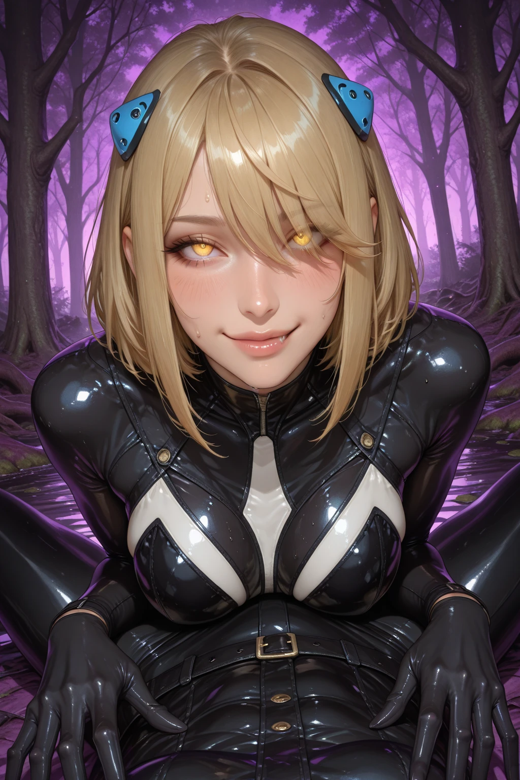 The blonde girl's wet cloak outlined her genitals through a black tights, Usually visible,Because her clothes were wet with sweat. This can be an attractive look,Because it highlights her femininity,And often let people know her figure,(camel-toe, Vulvar shape:1.2)