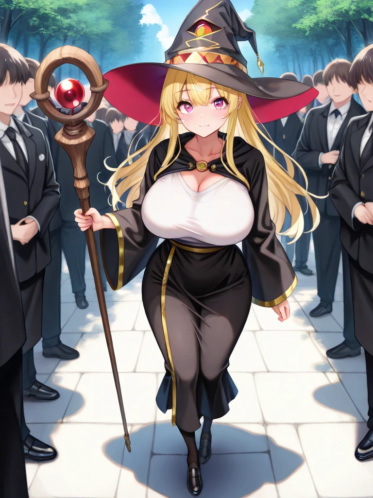 Ryouna_(Senran Kagura), heterchromia, beautiful girl with fair skin, blonde hair, wearing a lustrous black dress that highlights her wide hips, wide shoulders, and big breasts, cleavage, and big ass. She is wearing open-toe heels with red painted toenails and nails. She is a tall girl standing in a crowd, with an ethereal, score_10, ballad-like atmosphere, in a 2.5D style.