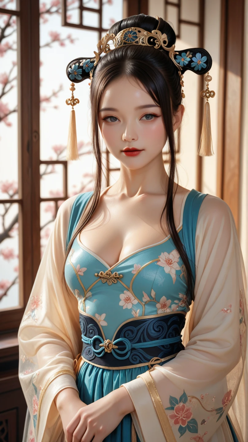 Ancient China woman, above waist，There is a flower tattoo on the bare back，Red and blue-green flowers, on the bed，ukiyo-style, Guviz-style artwork, Guviz, Alphonse mucha and rossdraws, A beautiful artwork illustration, By Li Song, by Yang J, author：Zou Zhe, By Zeng Jing, by Ye Xin, author：Shitao, author：Zhou Fang, korean art nouveau anime, huge round breasts, 