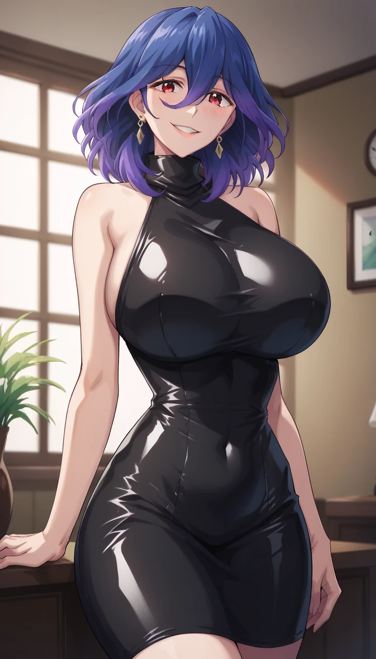 Purple short hair, plump youthful face, black police cap, red tie, purple tight low-cut dress, purple long gloves, black leather boots, strapless thighs, big breasts, blue eyes, confident expression, anime style, stone prison.