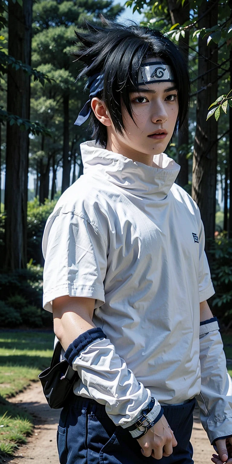 Young Boy, black hair, black eyes, blue high-neck blouse, white Men's shorts .