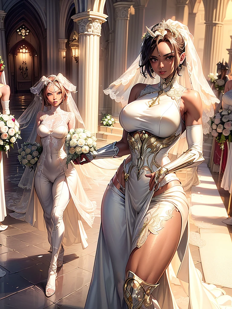 ((((2girls:1.2,))))((( best friends, wedding photoshoot side by side dynamic duo shot, ))), (((2girls:tricia_ and 
_connie)))wedding leotard, dress, jewelry, black hair, elbow gloves, gloves, ponytail, solo, bouquet, long hair, tiara, cleavage, , white sheer leotard,flaud, chest jewel, swept bangs, flower, earrings, bangs, bride, white gloves, bridal veil, bridal hijab, looking at viewer, bare shoulders, sweetheart chest, covered navel, smile, holding, veil, blush, very long hair, collarbone, , holding bouquet of bluebell)),),(perfect details), (extremely fine and beautiful:1.1), 
beautiful face, beautiful eyes, (detailed face, detailed eyes:1.2, detailed lip, shiny skin, oil skin, shiny hair, detailed accurate dark skin tone,)
Tricia: (25-year-old, ((dark skin female:1.5, chocolate-skinned female, statuesque, sensuously cool, , braided black hair, soft heart-shaped face, concaved Nubian wide nose, alluring, powerful.6 sensual, tone, and slender body, heart hips, supple large pear breast,an eye-catching heart-shaped rear. Hijab, glasses hetrochromia brown and amber eyes):10,(add layer:1.5)(Connie Maheswaran, 25-year-old, ,(Darkskin:1.2), (black hair:1.2),  (black eyes:1.2,Mahogony darkskin,)  statuesque, oblong-shaped face,vivacious eyes, flowing wavy dragonbraid, tone, hourglass physique,thick, alluring, large breasts, large butt, heart hips, long, toned legs. cute and alluring. Nerdy E-girl):10  ::(add layer:1.2)  (ultra-detailed,5k, 717 gigapixels)(masterpiece:1.2), (ultra-detailed:1.2), (perfect details), (extremely fine and beautiful:1.1), sense of depth, depth of field1.2) ( dynamic angle, green scenery, 
dramatic lighting, volumetric lighting, golden hour,),