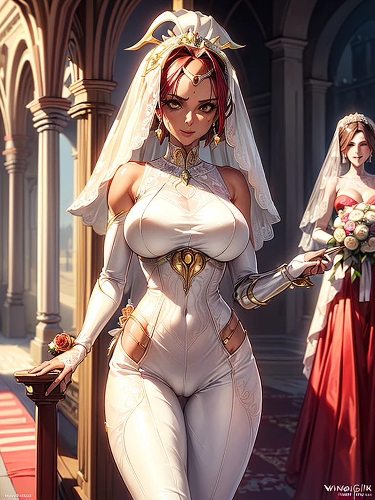 Fema full body standing symmetrical lustful smirking smile face (red blush), holding bouquet of flowers, holding both hands, full body toe to head, feet together, high boots, big breast, hands on hips. (red tattoo on belly, white background, long tail, fluffy dog ears), black choker on neck, golden bracers on knees and wristband on arms
