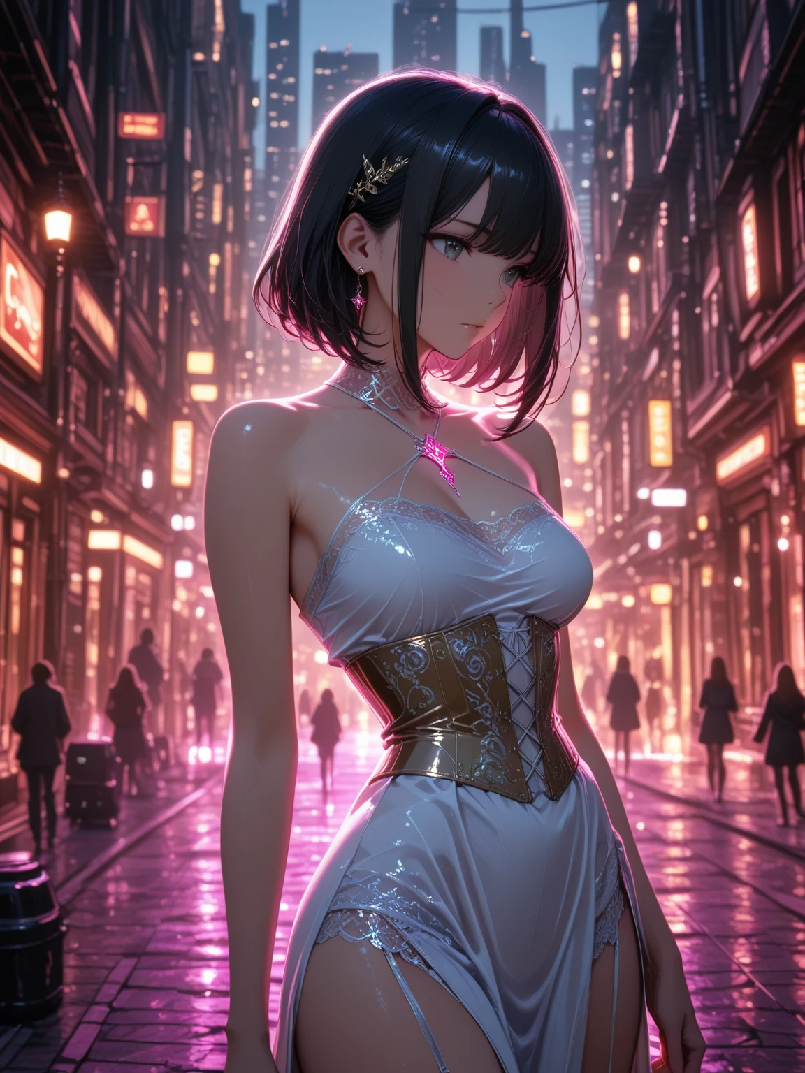 (((white dancing dress,))), ((naked vagina)), skinny, 4 defined fingers, 1 defined thumb, looking at viewer, solo, 1 woman, 25 years old, AI generated, highest quality, masterpiece, skindentation, perfect face, 8k , Dynamic Pose, (short hair), (black hair:1.5), bob cut, blue eye, ((smile)), ((thin thighs)), medium breasts, perfect limbs, sexy, (visible nipples:0.9), (camel toe:0.3), ((The costume is metallic, shiny and lustrous)), facing straight at viewer, (standing), sexy pose, Bright outdoor park during daytime, (arms at sides), cowboy shot, (arms at buttocks),