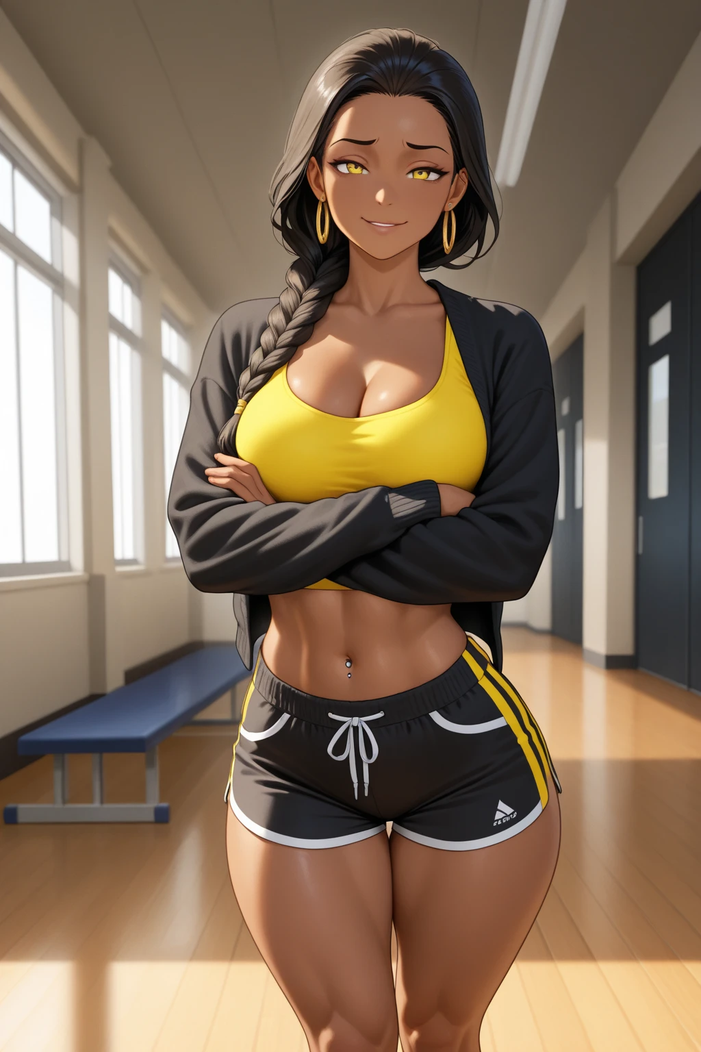 Short black hair, tall, shiny skin, oiled skin, huge breasts, fit, very dark skin, ebony skin, long legs, angry smile, cameltoe, midriff, white low leggins, cleavage, tight t-shirt