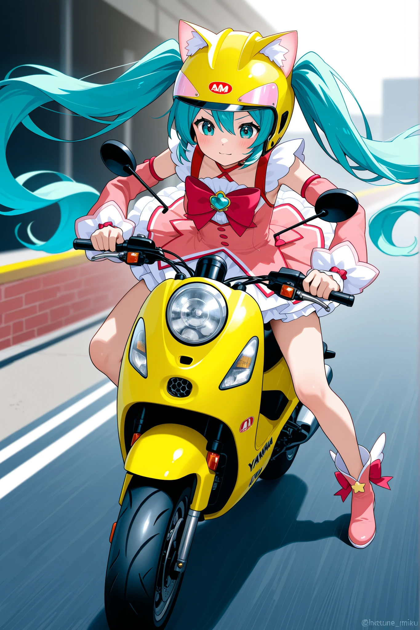 (score_9, score_8_up, score_7_up), lum, solo, long hair, bangs, green hair, blue eyes, aqua hair, tiny horns, eyeshadow, breasts, small breasts, looking at viewer, blush, teasing smile, (masterpiece), perfect sexy female body, (sexy and seductive pose:1.3), street, mountain, EPsoaSinon, hair between eyes, (hair ornament:1.2), hairclip, sidelocks, riding, business suit, strapless, black pants, white collared shirt, kanedabike, yellow tiger-stripped bigscooter,