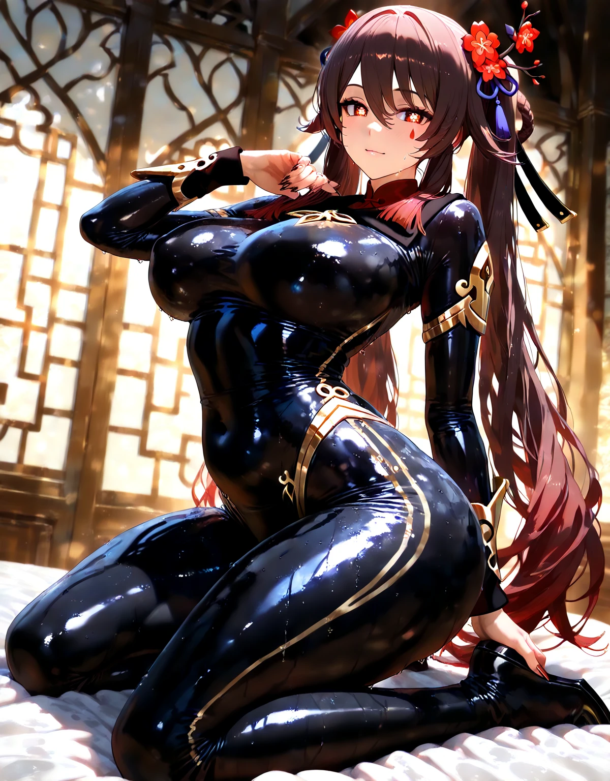 1 girl, bare shoulders, black fur, medium breasts, (muscular legs), (((bare legs))), White skin, muscular belly, Wide hips, Thin waist, (((clock eyes))), in the pool with the hot sun, (naked showing her sexy muscles))), Whole body, by the elastic, (((all wet))), (standing), heterochromia, black high heel shoes, lolita by the elastic, Long hair, Red eyes, evil smile, (evil look), Alone, symbol-shaped pupils, (kurumi tokisaki), (two tails), yellow eyes