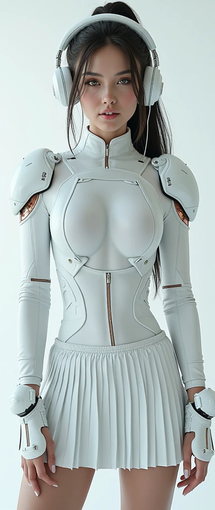 Cyborg woman wearing a futuristic leotard, perfect body, robot parts, red eyes, perfect face, cyberpunk aesthetic, ultra detailed, photorealistic, masterpiece.