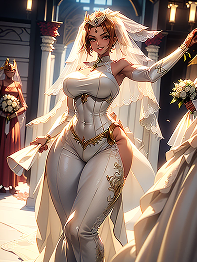 Full body, masterpiece, female elf Dark skin standing pose (kuro Gyaru dark elf pirotess black skin) (yellow tiger bikini), red cape, red bikini, long white hair, strong body, abs, Shiny Skin, Sunglasses, FEMALE, big breasts, voluminous breasts, curvy breasts, mesh stockings, standing with a bouquet (red roses), full height, bottom view, best quality, very detailed, ultra 8k resolution, huge breast, coat , vest, long skirt, portrait, full body, Victoria's clothing, long dress, knight, pants, black skin suit, medieval city, plants, vest, polo shirt, forest, long skirt