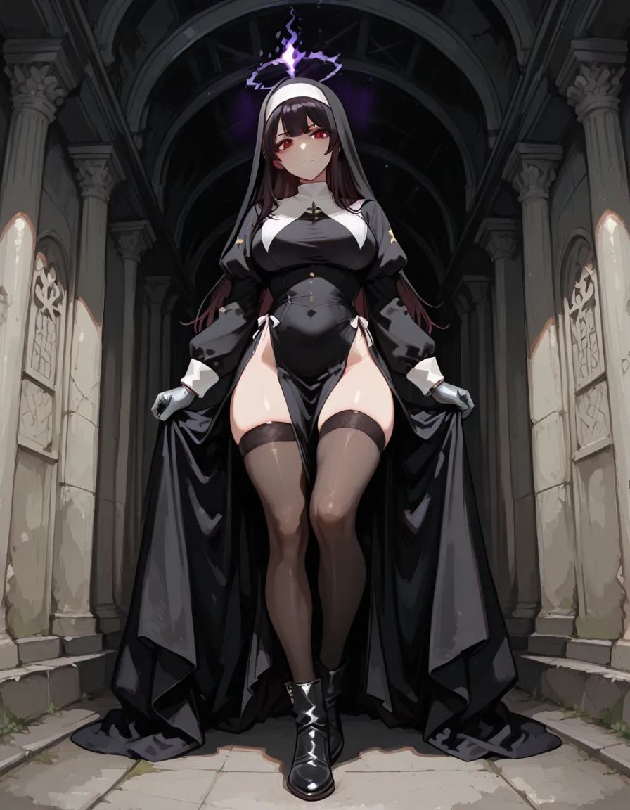 rosaria, rosaria, bags under eyes, hair between eyes, long eyelashes, multicolored hair, (purple eyes:1.1), purple hair, red hair, short hair, streaked hair, (small breasts:1.2), BREAK bare shoulders, breasts, elbow gloves, fishnet pantyhose, fishnets, gem, gloves, gradient, nun, red gemstone, skindentation, thigh strap, tiara, white gloves,lace,
BREAK looking at viewer,
BREAK indoors, church,benches, candles, fire,
BREAK (masterpiece:1.2), best quality, high resolution, unity 8k wallpaper, (illustration:0.8), (beautiful detailed eyes:1.6), extremely detailed face, perfect lighting, extremely detailed CG, (perfect hands, perfect ???????),from below, full body.