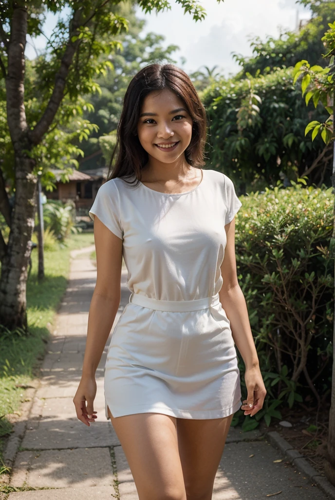Young sweet beautiful Indonesian girl, 22 years old, slim body, georgeus face, neat wavy black short hairs, wearing white see through tranparent long sleeve office dress, wearing pink panty visible through her clothes, realistic, very detail, no cartoon, all fingers have normal shape, standing confidence open wide legs on back yard in the sunny morning, sun shining to her body through her clothes, sweet beautiful smile,