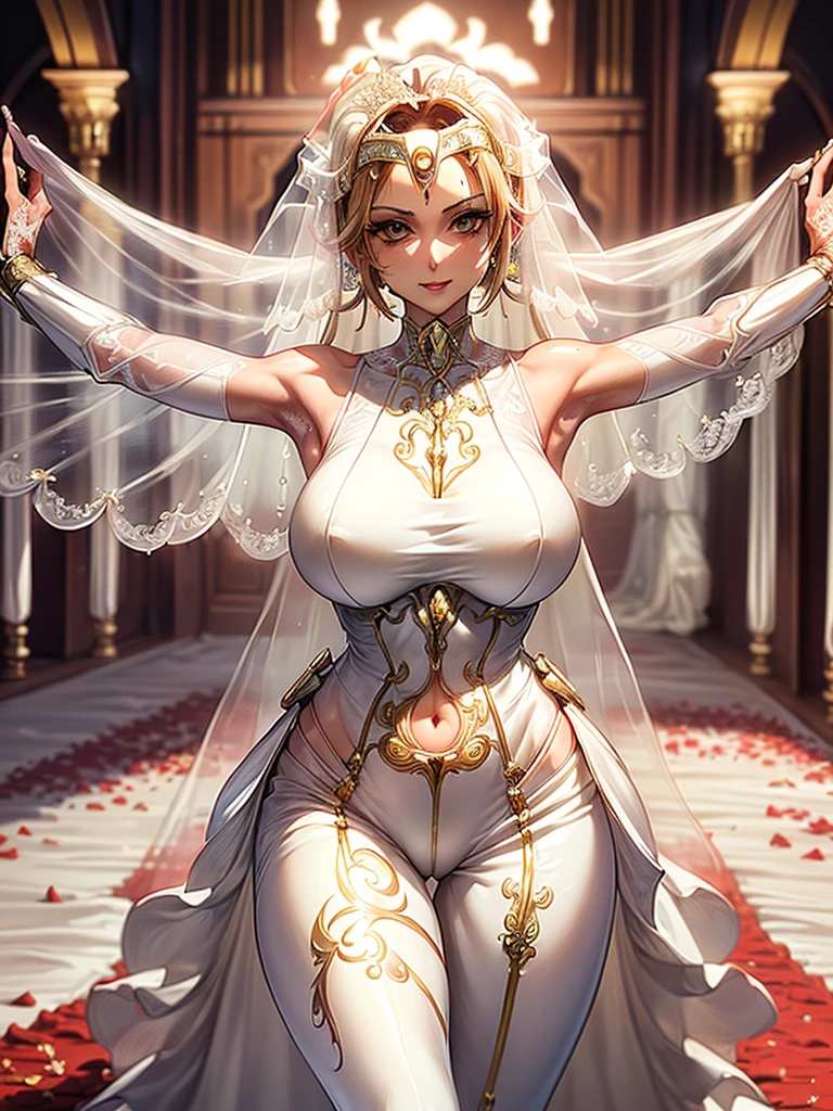 (masterpiece, best quality), intricate details, 1girl, Bridesmaid Muscular White hair White braid Smile maternal body Porcelain skin Long hair Navel Abs Direct gaze 2 Oni horns Perfect lighting Masterpiece High quality