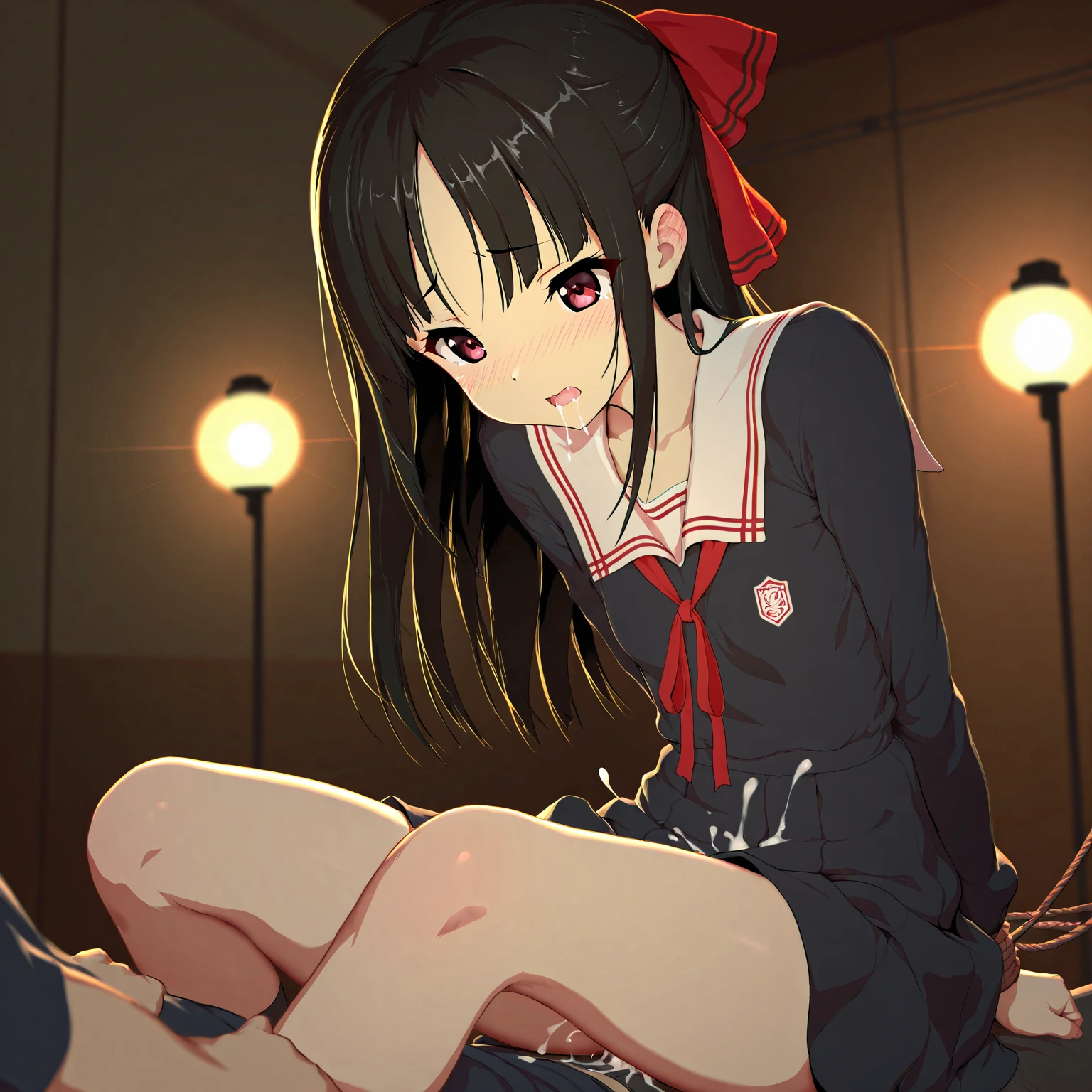 (1 boy, 1 girl), a teenage school girl in mixed bondage wrestling with a teenage boy, they are roughly the same age, the school girl is wearing a red pleaded careered skirt and a black pullover, the girl has a is a bit smaller than the boy, the girl has shoulder long hair, the boy is wearing casual clothes, teenage boy hogtied and struggling against the ropes, school girl applying more ropes to the teenage boys body, blushing boy dominated and controlled by the girl, the girl is smiling and laughing and tries to humiliate the teenage boy, the teenage boy is blushing and ashamed and is gritting his teeth, he desperately tries to break free but to no avail, the boy struggles and squirms against the ropes, the girl is sitting on top of the teenage boy to prevent him from moving and has ropes in her hands and uses them to tie up the arms of the teenage boy behind his back,the arms of the teenage boy are completely tied behind his back in lots of ropes, the teenage boy looks very embarrased and ashamed, the girl is saying „this must be embarrassing for you“ , huge struggle, many viewers watching, wrestling ring,intricate rope work, teenage boy blushing and ashamed, dramatic lighting, highly detailed, photorealistic, 8k, masterpiece, teenage school girl vs teenage school boy, femdom, power, control, beautiful teenage girl, detailed faces, teenage boy aggresively tied up by teenage girl, lots of rope, perfect eyes, detailed faces, squirm and struggle marks arround the boy, akeno, hair bow