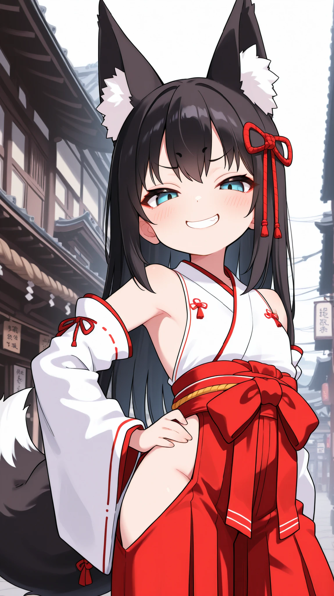 miko,Little girl with fox ears、(dark haired、female brat) 、((cute、provocative smile))、Shibuya Scenery、Anime Style、High Definition、High Quality、1girl