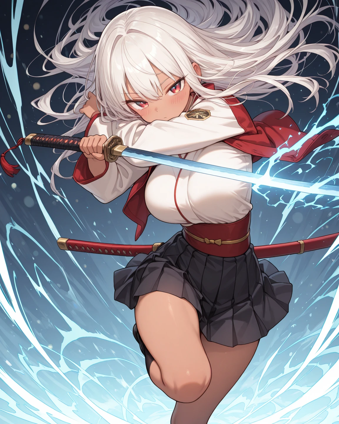 An adult woman half fox and wolf, wide breasts, red eyes, white hair, very angry, in a school girl outfit, on her back, looking back, holding a sword